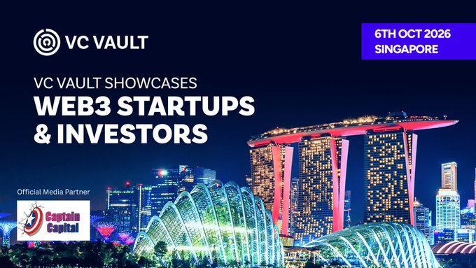 A promotional banner for "VC Vault Showcases: Web3 Startups & Investors," scheduled for 6th October 2026 in Singapore, featuring the iconic Marina Bay Sands skyline and Gardens by the Bay. The graphic highlights Captain Capital as the Official Media Partner, aligning with the post's announcement of their partnership in building a Web3 ecosystem.