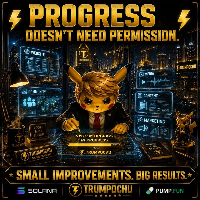 A promotional graphic for TRUMPOCHU featuring a Pikachu-like character in a suit at a desk, with text 'PROGRESS DOESN'T NEED PERMISSION' and Solana/Pump.fun branding.
