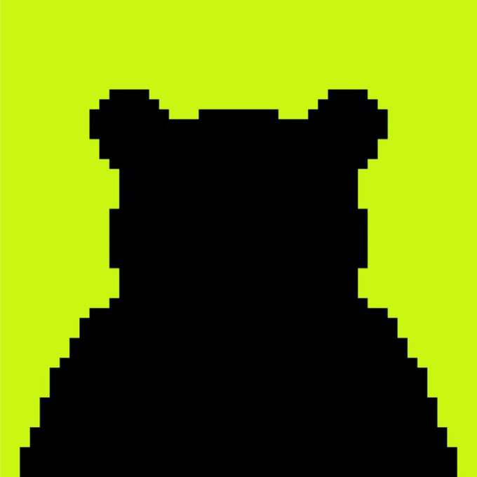 A black pixelated silhouette of a character's head and shoulders is displayed against a solid yellow-green background.