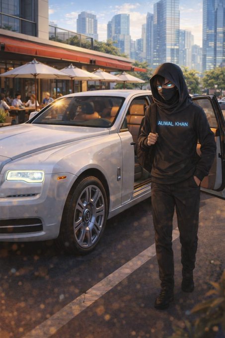 We need to write a concise 1-2 sentence caption describing what is in the image, including any key text, numbers, tickers or names visible. Also note how the image relates to the accompanying post.

Image content: a person in a black hoodie with "AUWAL KHAN" text on chest, wearing a mask, standing next to a white Rolls Royce (or similar luxury car) with door open, in an urban setting with a restaurant/café in background. The person looks like a stylized depiction (maybe AI-generated). The text "AUWAL KHAN" is visible.

Accompanying post says: "Happy Tuesday fam Are you holding a portion of $SUNUSI too? Let's send it higher guys Sunusi to $1m". So the image likely relates to the "Sunusi" reference (maybe the person's name "Auwal Khan" or "Sunusi"?). Possibly the person is representing