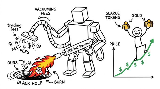 A cartoon illustration showing a robot vacuuming 'trading fees' and 'vacuuming fees' into a 'black hole' while burning tokens, with '48% Net Revenue' spray, contrasted with scarce tokens and gold making the price go up on a graph.