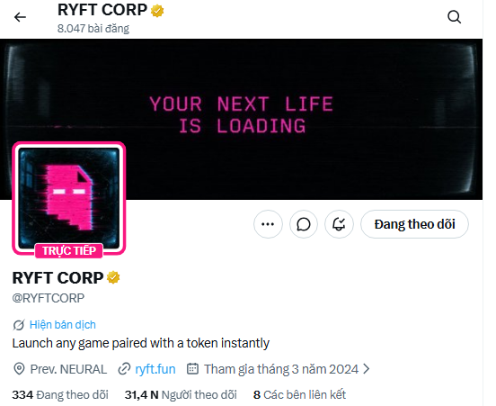 Twitter/X profile page for RYFT CORP (@RYFTCORP), a verified account with 8,047 posts, featuring a pink pixelated ghost logo and the tagline 'YOUR NEXT LIFE IS LOADING'.