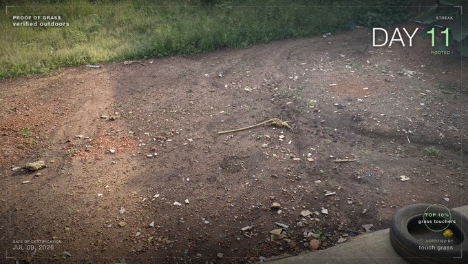 A view of a dirt and gravel lot with scattered debris, labeled 'PROOF OF GRASS verified outdoors,' 'STREAK DAY 11 ROOTED,' and a 'TOP 10% grass touchers' badge.