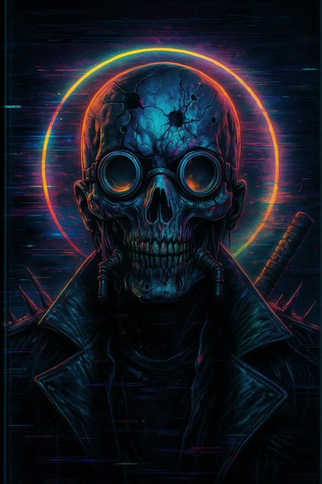 A cyberpunk-styled skeletal figure with glowing goggles and mechanical details stares forward, framed by a vibrant neon halo against a glitchy, dark background. The haunting, post-apocalyptic imagery complements the grim caption "To everyone who is still alive, have a nice coffee," evoking a dark humor about survival in a dystopian world.