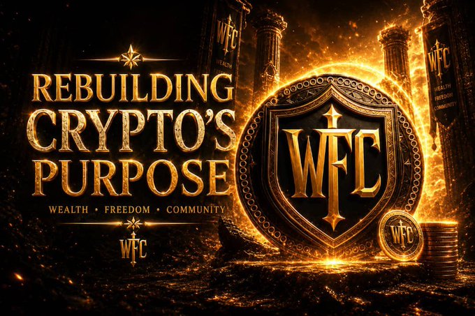 The image features a poster for a cryptocurrency called "Building Cryptos' Purpose". The poster has a dark background with gold accents, giving it an elegant and sophisticated appearance. In the center of the poster, there's a large shield-like design that reads "WFC Fund" in white text against a black background. Below this, there are three coins displayed: two golden coins and one silver coin. The image also includes a caption below the poster that reads "The whole point of crypto was to open doors for folks instead, projects became extraction machines built around hype, insiders, and short-term speculation. @WFC_fund is aiming to shift that dynamic."