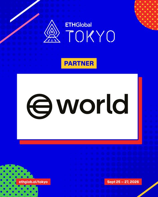 A similar blue ETHGlobal Tokyo partner announcement graphic, this one featuring the 'world' (Worldcoin) logo.