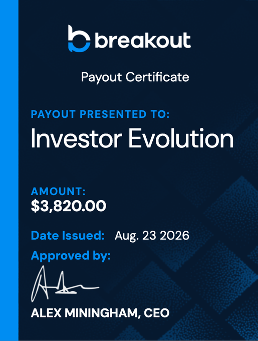 A 'breakout' Payout Certificate presented to Investor Evolution for an amount of $3,820.00, dated Aug. 23 2026, approved by Alex Miningham, CEO.