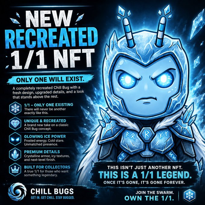 A promotional graphic for a 'NEW RECREATED 1/1 NFT' from 'CHILL BUGS,' featuring an icy blue armored character with glowing eyes and text promoting its unique design, glowing ice power, and premium details.
