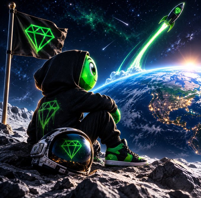 Digital artwork of a hooded figure with a green alien-like head sitting on a rocky surface, holding a green rocket launchpad, with a flag and helmet bearing a green diamond logo, set against a backdrop of Earth from space.