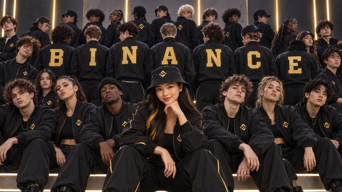 A promotional image featuring the word "BINANCE" in gold lettering on black jackets worn by a group of people, with a young woman in a bucket hat at the center.