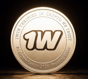 A gold coin with a stylized 'W' logo, surrounded by text reading '1WIN VERIFIED IN CRYPTO WE TRUST' and '#1 Crypto Casino 2026 Proof of Stake'.
