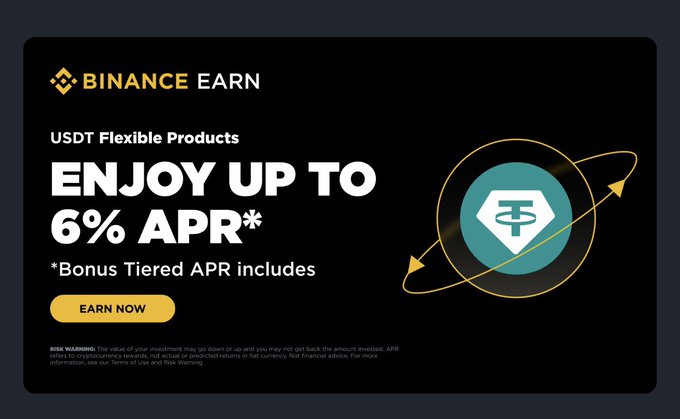 The image features a black background with white text that reads "Binance Earn" at the top, followed by a description of a flexible product offering. Below this, there's an advertisement for a bonus tier system called "BINANCE EARN". The text in the image is not legible and does not provide any additional information about the product or the bonus tier system.