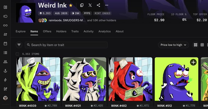 A screenshot of the 'Weird Ink' NFT collection showing 5,353 items with floor price of ₱2.90 and 1.6K holders, featuring various WINK character artworks in different designs.