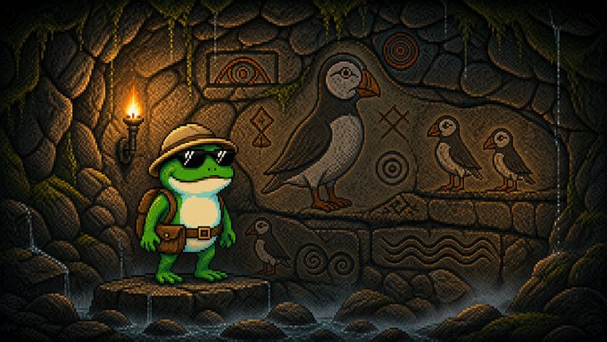 A pixel art scene of a green frog wearing a safari hat, sunglasses, and backpack, standing in a stone cave with torchlight and ancient carvings depicting birds and symbols.