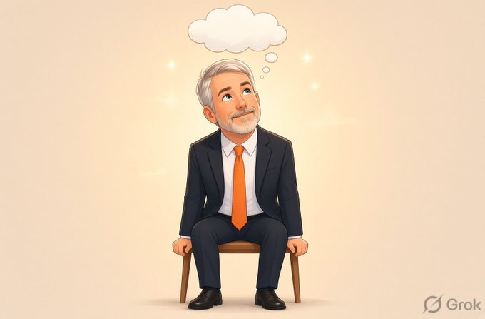 A Grok AI-generated illustration of a grey-haired man in a navy suit and orange tie sitting on a wooden chair, daydreaming with a thought bubble above his head against a light beige background.