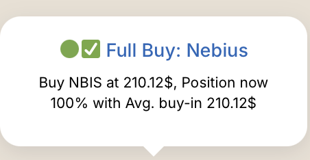 The text that says "Full Buy: nebius" indicates the trading strategy or action being taken by an individual, while "Buy NBIS at 210.12 $ position now with avg. buy-in 220,120" describes what they are doing. The image does not provide information about the specific trade they are executing, but it seems to be related to this trade.