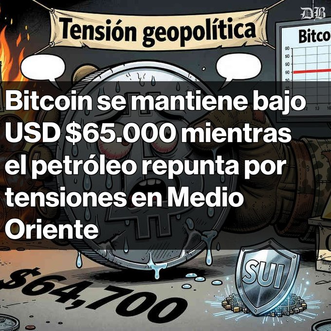 Spanish-language crypto news graphic titled 'Tensión geopolítica' with text reading 'Bitcoin se mantiene bajo USD $65.000 mientras el petróleo repunta por tensiones en Medio Oriente', featuring a sweating Bitcoin logo, $64,100 price tag, and a SUI shield.