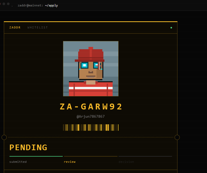A 'ZADOR WHITELIST' application screen showing a pixel-art character avatar, username 'ZA-GARW92', handle '@Arjun7867867', and 'PENDING' status under 'review'.