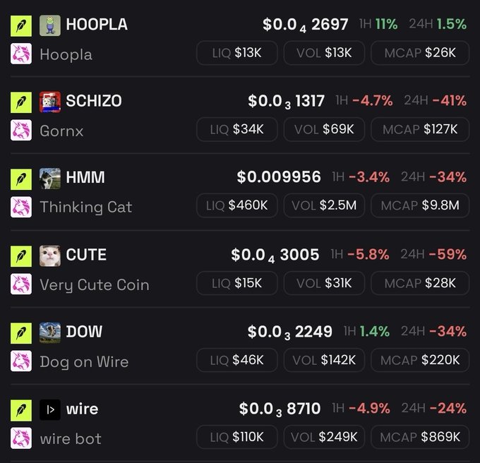 A cryptocurrency price list showing meme tokens including HOOPLA ($0.0₄2697), SCHIZO ($0.0₃1317), HMM ($0.009956), CUTE ($0.0₄3005), DOW ($0.0₃2249), and wire ($0.0₃8710) with their market caps and 24-hour percentage changes.