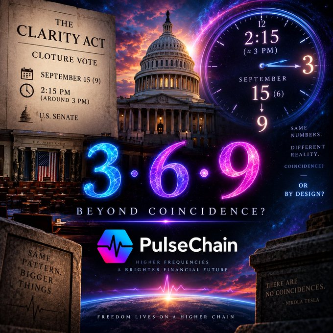 A promotional graphic for PulseChain featuring 'The Clarity Act' with a September 15 cluture vote at 2:15 PM, a Capitol building image, a glowing 3.6.9 numerical sequence, and a quote from Nikola Tesla.