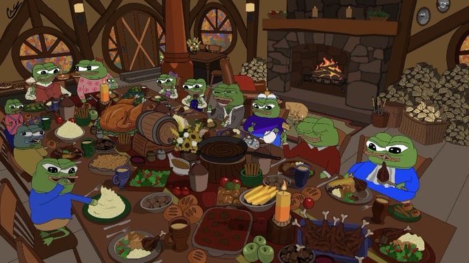 A cartoon illustration of multiple frog-like creatures (Pepe variants) gathered around a long wooden table for a feast in a rustic, wood-beamed room with a fireplace.
