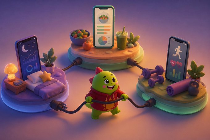 A 3D illustration of a cute green creature in a red hoodie standing between three platforms connected by cables; the platforms feature a bed and nightstand, a bowl of salad with a phone showing health stats, and gym equipment with a phone showing a workout app.