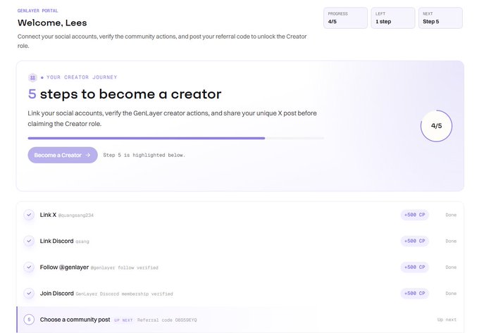 A GenLayer Portal welcome page titled 'Welcome, Lees' shows a 5-step creator journey with progress at 4/5, including completed tasks to Link X, Link Discord, Follow @genlayer, and Join Discord.