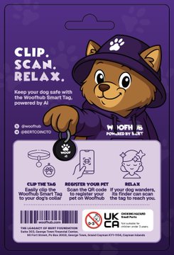 Purple packaging card for a 'Woofr Smart Tag' featuring a cartoon dog in a police/security hat, advertising clip, scan, and relax functionality for pet safety, powered by AI, with QR code and registration instructions.