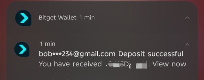 Two Bitget Wallet notifications confirm a successful deposit to bob***234@gmail.com, celebrating a "first win of the week" from completing a Web3 task.