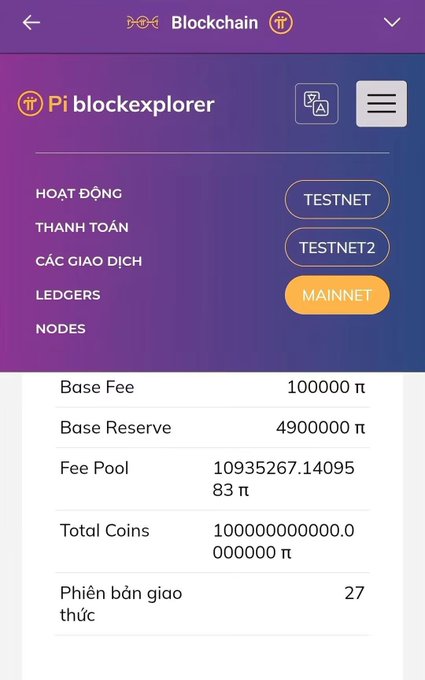 A mobile screenshot of the Pi blockexplorer interface in Vietnamese showing blockchain statistics including a Base Fee of 100000 π and Total Coins.