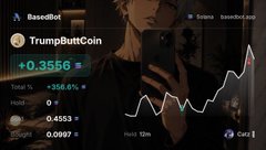 A BaseBot screenshot showing 'TrumpButtCoin' token with a +0.3556 (358.6%) gain, holding 0.4553 and 0.0917, with an upward trending chart.