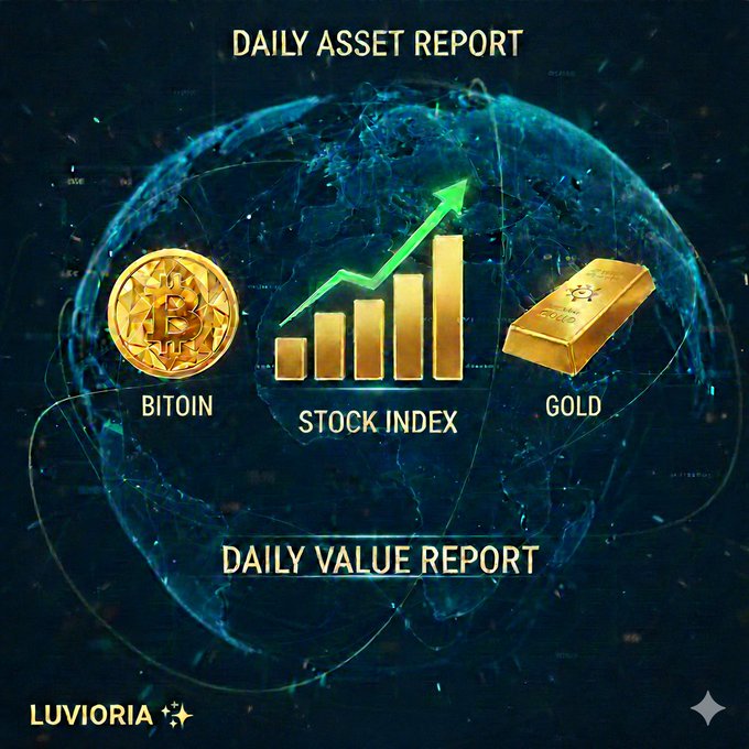 A digital graphic titled 'DAILY ASSET REPORT' featuring a futuristic globe with icons for Bitcoin, a rising Stock Index chart, and Gold, branded with 'LUVIORIA'.