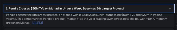 News snippet reading '1. Pendle Crosses $50M TVL on Monad in Under a Week, Becomes 5th Largest Protocol,' describing Pendle reaching the 5th largest protocol on Monad within 10 days of launch.