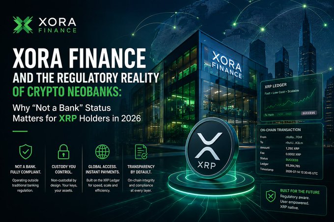A promotional graphic for XORA FINANCE titled 'And the Regulatory Reality of Crypto NeoBanks: Why Not a Bank Status Matters for XRP Holders in 2026', highlighting features like non-custodial control, global access, and built on the XRP Ledger.