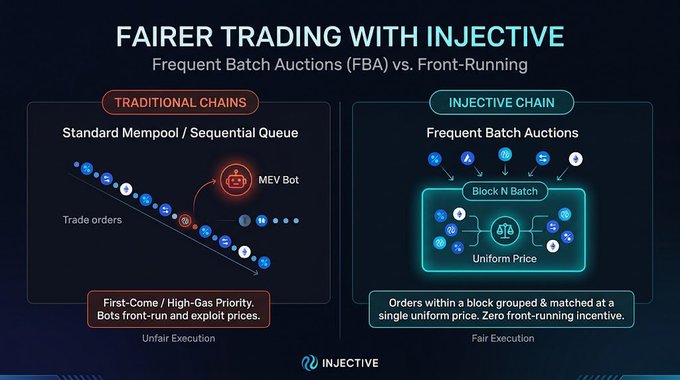 An infographic titled 'FAIRER TRADING WITH INJECTIVE' comparing Frequent Batch Auctions (FBA) on the Injective Chain versus traditional chains with MEV bots.