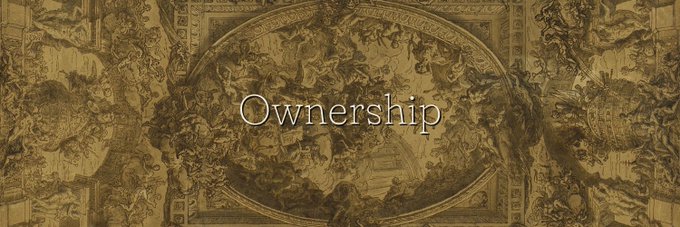 The image displays the word "Ownership" in white text overlaid on an ornate, sepia-toned classical artwork featuring intricate figures and architectural elements. The caption contrasts the everyday concept of ownership with the post's discussion of $WIF's bold narrative approach, suggesting that while memorable narratives capture attention, true ownership and value matter more than catchy branding in the crypto space.