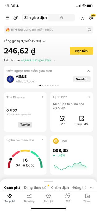 Vietnamese cryptocurrency exchange app showing total estimated assets of 246.62 đồng, featuring ETH search, ASMLB token, Binance wallet section, and BNB price at 599.35 (+1.48%).
