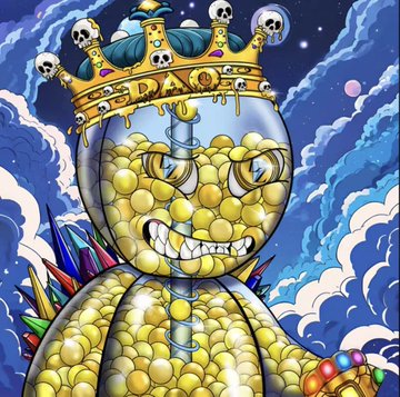A colorful digital artwork shows a smiling treasure chest character wearing a golden crown adorned with skulls, holding colorful gems against a cloudy night sky.