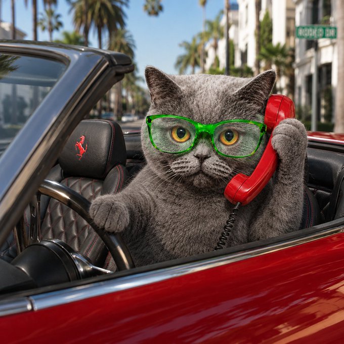 A photorealistic gray cat wearing green glasses sits in the driver's seat of a red convertible, holding a red telephone receiver to its ear, with a palm-lined street visible in the background.