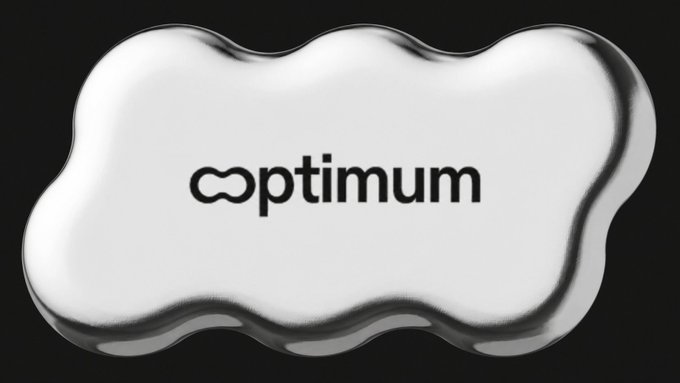 A silver, cloud-shaped plaque displays the "optimum" logo in black text, where the "o" is stylized as an infinity symbol, set against a dark background. The sleek, metallic branding visually reinforces the post's message about Optimum's ambitious, multi-chain vision extending beyond just Ethereum.