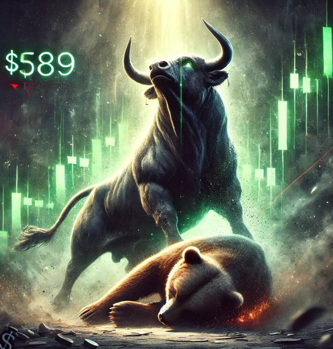 A dramatic digital artwork depicting a powerful black bull with glowing green eyes standing triumphantly over a defeated brown bear, set against a backdrop of green stock market candlesticks and a '$589' price tag with a downward trend indicator.
