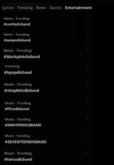 The image displays a list of Twitter hashtags trending under "Music" and "Entertainment," including #certifiedbland, #exposdiband, #blackpinkinkband, #jaypikband, #reykjavikband, #thevampsband, #BOYFRIENDSBAND, #SEVENTEENKBSBAND, and #twicedband—all featuring the word "band." The trending hashtags all share a similar music-themed format with "band," but notably absent is any reference to "cosmosy," aligning with the post's observation.