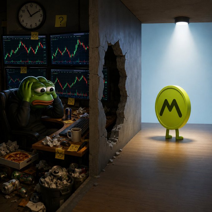 The image is split by a crumbling wall, with the left side showing a stressed Pepe the Frog character slumped at a chaotic trading desk surrounded by declining red and green candlestick charts, crumpled paper, energy drinks, a pizza, and scattered question-mark sticky notes under a wall clock, while the right side reveals a clean, brightly lit stage where the green circular "M" mascot coin stands upright and polished, visually representing the post's message that while the trader's environment is broken and liquidity is locked away, the OneToken Hub (as referenced in the post) stands ready and available onchain as an orderly exit path once meaningful trading develops.