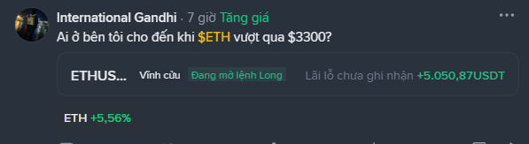 A cryptocurrency trading post from 'International Gandhi' asking when $ETH will surpass $3300, showing ETH up 5.56% with an unrealized profit of +5,050.87 USDT and a pending Long order.