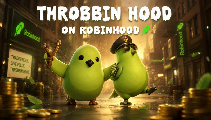 A promotional graphic titled 'THROBBIN HOOD ON ROBINHOOD' featuring two cartoon green birds, one holding a slingshot and the other wearing a pirate hat with sunglasses, surrounded by gold coins.