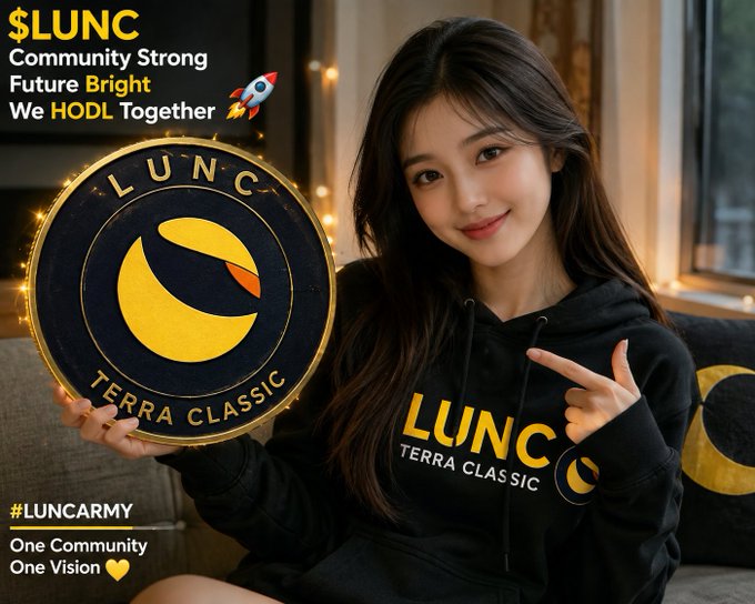A promotional image titled "$LUNC Community Strong, Future Bright, We HODL Together" features a woman in a LUNC Terra Classic hoodie holding a large coin, tagged #LUNCARMY and @ilana_israelov.