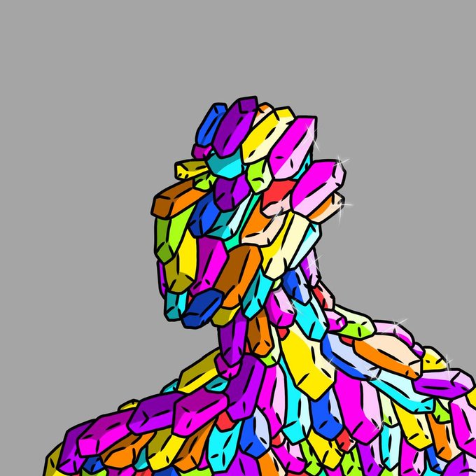 A vibrant, multicolored digital artwork composed of stacked, cartoonish muscular figures and limbs forming a hulking torso and head against a gray background. The image visually represents the "1/1 muscular NFT" being teased in the post, promoting a drop for DarkHoods holders to earn $DHOODS tokens.