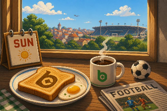 The image depicts a breakfast scene featuring toast with an egg on top, a cup of coffee, a newspaper (specifically "Football"), and a calendar displaying today's date. The setting appears to be a dining table or kitchen counter.
