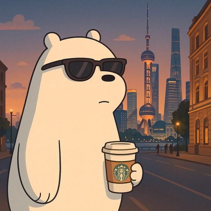 An illustration of a white bear wearing sunglasses holding a Starbucks coffee cup stands in the foreground against a sunset view of the Shanghai skyline, featuring the Oriental Pearl Tower.