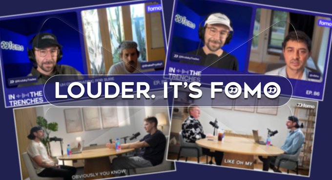 A podcast thumbnail for 'LOUDER. IT'S FOMO' from 'fomo' and '20VC', showing two men in a video call setting with text reading 'IN THE TRENCHES' and 'EP. 88'.